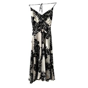Alyn Paige New York Black White Tropical Monstera Satin Halter Midi Dress 5/6